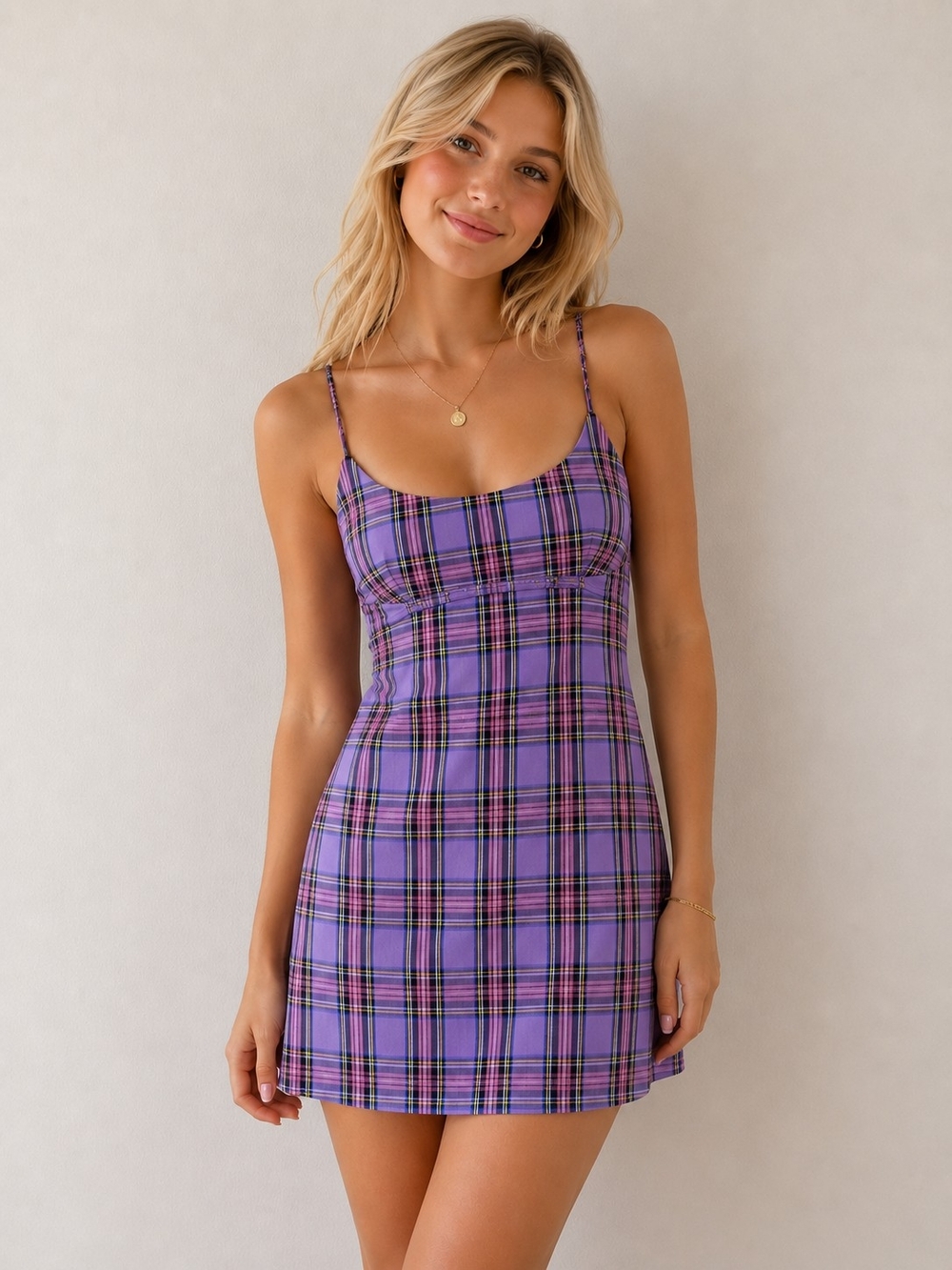 Y2K Purple Plaid Mini Slip Dress Small